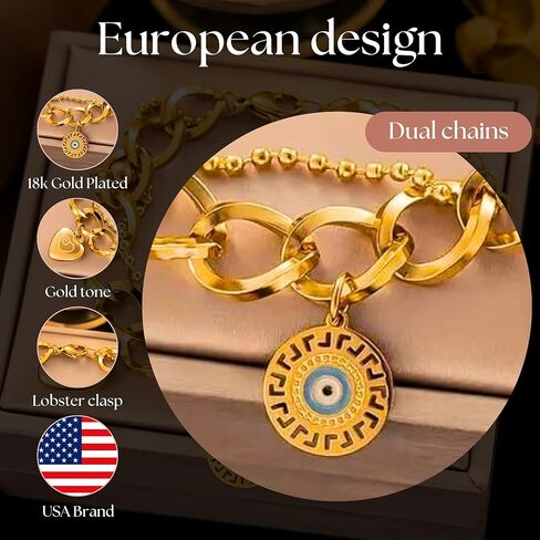 Celestara Stainless Steel Evil Eye Charm Bracelet for Women - 18K Gold Plated Double-Layer Heart Bracelets with Adjustable Hand Chain Design - Gift Box Included in Kuwait