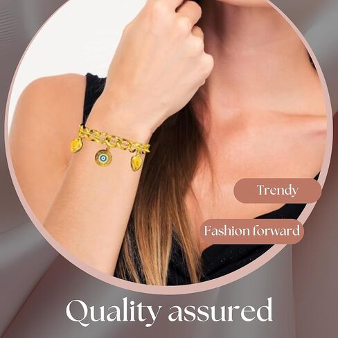Celestara Stainless Steel Evil Eye Charm Bracelet for Women - 18K Gold Plated Double-Layer Heart Bracelets with Adjustable Hand Chain Design - Gift Box Included in Kuwait