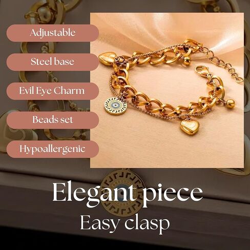 Celestara Stainless Steel Evil Eye Charm Bracelet for Women - 18K Gold Plated Double-Layer Heart Bracelets with Adjustable Hand Chain Design - Gift Box Included in Kuwait