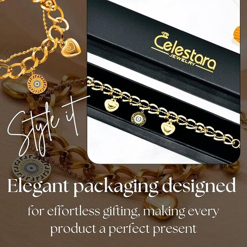 Celestara Stainless Steel Evil Eye Charm Bracelet for Women - 18K Gold Plated Double-Layer Heart Bracelets with Adjustable Hand Chain Design - Gift Box Included in Kuwait