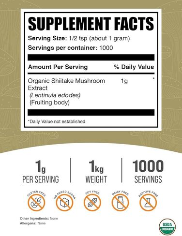 BulkSupplements.com Shiitake Mushroom Extract Powder - Shiitake Mushroom Supplement, Shiitake Mushroom Powder - Gluten Free, 1000mg per Serving, 250g (8.8 oz) (Pack of 1) in Kuwait