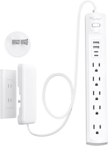 Outlet Cover Extension Cord Short 3ft, NUTICT Flat Plug Power Strip with 5-Outlet & 4 USB Ports, 1440 Joules Surge Protector, 3 Prong Indoor Extension Cord Flat Wall Plug for Home Office Desk, White in Kuwait
