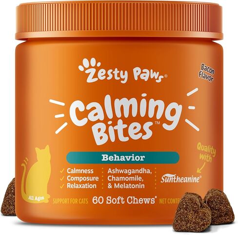 Zesty Paws Calming Chews for Cats - Composure & Relaxation for Everyday Stress & Separation - with Ashwagandha, Organic Chamomile, L-Theanine & L-Tryptophan – Bacon - 60 Count - Cat in Kuwait