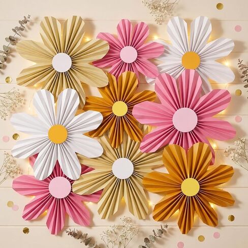 Containlol 12 Pcs Flower Paper Fans Decorations Daisy Flower Hanging Paper Fans Set Retro Floral Fans 3D Ornaments for Wedding Baby Shower Birthday Party Decor(Multicolor,Daisy) in Kuwait