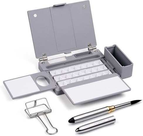 Fuumuui Travel Watercolor Palette 24 Grids Foldable with 2pcs Sable Travel Watercolor Brushes, Portable Walnut Wood Palette Box for Plein Air Painting in Saudi Arabia