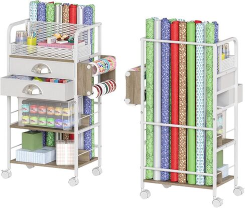 Rolling Craft Storage Cart with Lockable Wheels, DIY Organizer for Wrapping Paper, Paints, Brushes, Tools, and Craft Supplies, Multi-Tier Craft Cart with Tape Holder, Drawers, and Mesh Baskets in Saudi Arabia