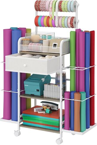 Rolling Craft Storage Cart with Lockable Wheels, DIY Organizer for Wrapping Paper, Paints, Brushes, Tools, and Craft Supplies, Multi-Tier Craft Cart with Tape Holder, Drawers, and Mesh Baskets in Saudi Arabia