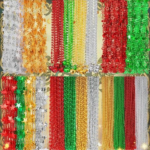 Civaner 300 Pcs Christmas Bead Necklaces Bulk, 31.4" Metallic Bell Necklace HO HO HO Snowflake Star Beads Necklaces for Women Men Christmas Party Holiday Decorations Red, Green, Gold, Silver in Saudi Arabia