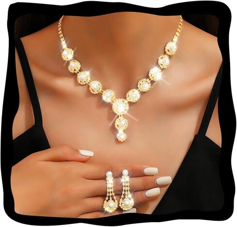 Nicute Rhinestone Pearl Bridal Wedding Jewelry Set Sparkly Crystal Necklace Earrings Set Prom Costume for Women in Kuwait