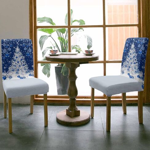 Christmas Chair Covers Blue Christmas Balls Back Slipcover Set of 4, Winter Snowflake Sparkle Snow Blue Stretch Chair Protector for Kitchen Removable Parson Spandex Xmas Tree Chair Slipcover in Kuwait