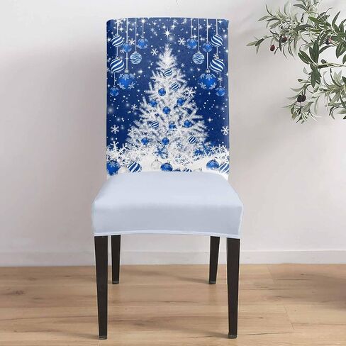 Christmas Chair Covers Blue Christmas Balls Back Slipcover Set of 4, Winter Snowflake Sparkle Snow Blue Stretch Chair Protector for Kitchen Removable Parson Spandex Xmas Tree Chair Slipcover in Kuwait