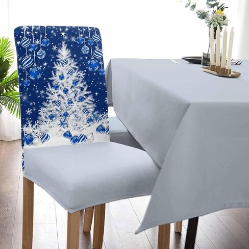 Christmas Chair Covers Blue Christmas Balls Back Slipcover Set of 4, Winter Snowflake Sparkle Snow Blue Stretch Chair Protector for Kitchen Removable Parson Spandex Xmas Tree Chair Slipcover in Kuwait