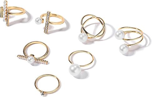 GIGB PBDK 7Pcs Stackable Zirconia Pearl Ring Set for Women,Sparkling Crystal White Beads Knuckle Rings,Adjustable Silver Geometric Rings Jewelry Gifts in Saudi Arabia