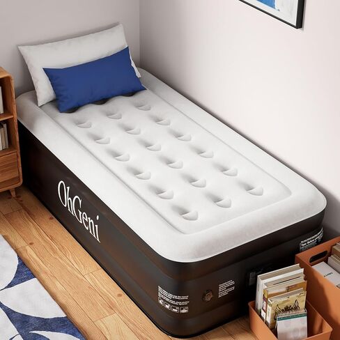 OhGeni Twin Air Mattress with Built in Pump for Guest, 18" Tall Inflatable Blow Up Air Bed with Carrying Bag for Camping, Raised Elevated High Airbed,Light Brown in Kuwait