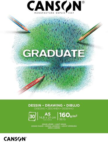 CANSON Graduate White Drawing 160gsm A5 Paper, Light Grain, Pad Glued Short Side, 30 Bright White Sheets, Ideal for Student Artists in Kuwait