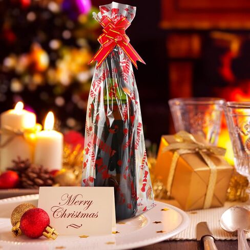 Teling 160 Pcs Christmas Wine Bottle Gift Bags Cellophane Bags Set Including 80 Pcs Wine Wrapping Bags and 80 Pcs Pull Bows for Christmas Gift, Presents, Wine Bottles (Snowflake Style, White, Blue) in Kuwait