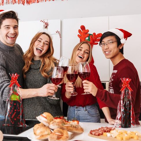 Teling 160 Pcs Christmas Wine Bottle Gift Bags Cellophane Bags Set Including 80 Pcs Wine Wrapping Bags and 80 Pcs Pull Bows for Christmas Gift, Presents, Wine Bottles (Snowflake Style, White, Blue) in Kuwait