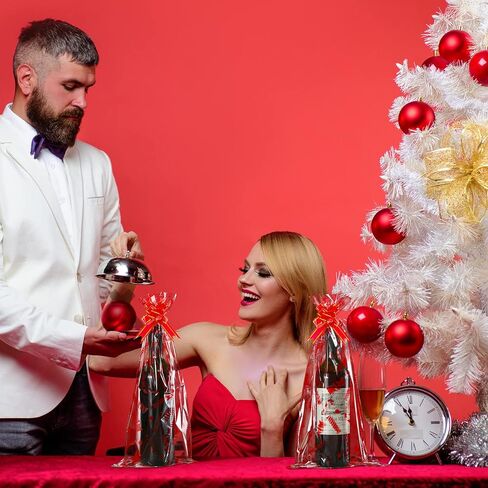 Teling 160 Pcs Christmas Wine Bottle Gift Bags Cellophane Bags Set Including 80 Pcs Wine Wrapping Bags and 80 Pcs Pull Bows for Christmas Gift, Presents, Wine Bottles (Snowflake Style, White, Blue) in Kuwait
