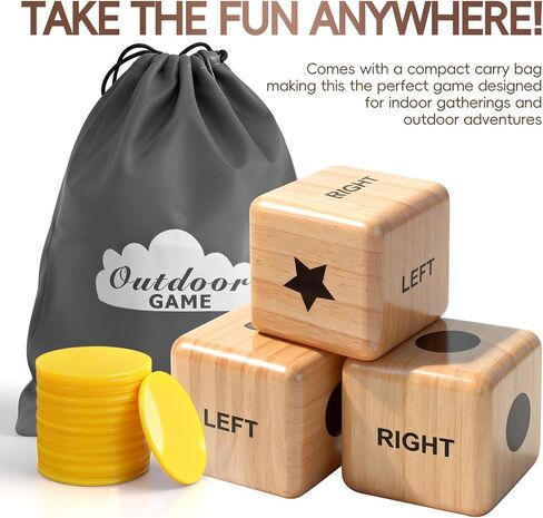 مجموعة ألعاب النرد المركزية اليسرى واليمنى 55 قطعة، تتضمن 6 نردات خشبية مقاس 1 بوصة و48 قطعة من الرقائق، مع حقيبة برباط، سهلة التخزين والحمل، مريحة للسفر in Kuwait