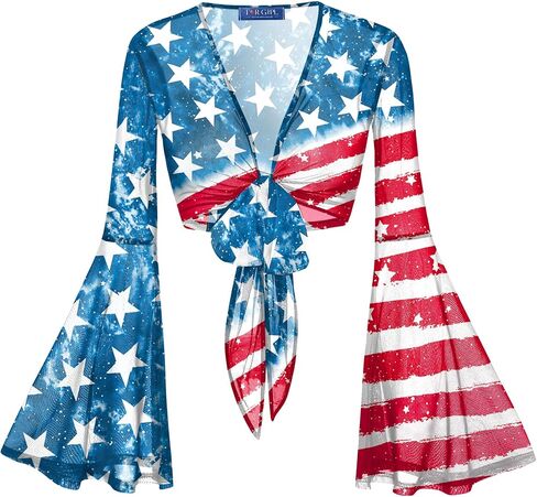 For G and PL Women Tie Front Bell Sleeve Rave Crop Tops Floral Print Hippie Mesh Sheer Shirt in Kuwait