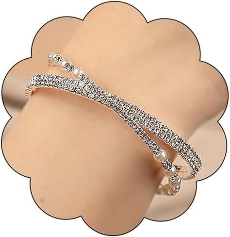 Vintage Pearl Bangle Bracelet for Women MultiLayer Crystal Strand Open Cuff Bracelet Stretch Rhinestone Wrap Wrist Bracelet Accessories for Wedding Parties in Kuwait