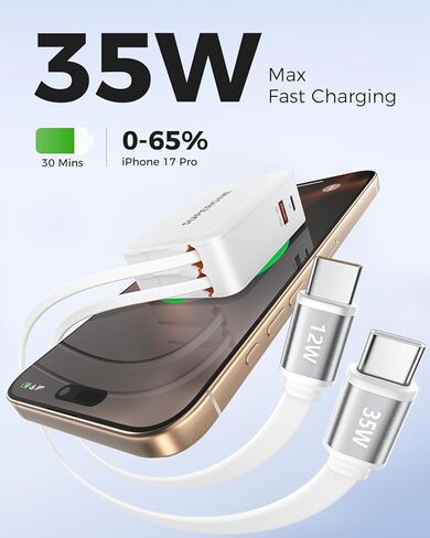 SuperOne 3 في 1 شاحن جدار قابل للسحب مع كابلات USB C المزدوجة ، PD 35W شحن سريع شحن جدار الشاحن القابل للاسترخ in Saudi Arabia