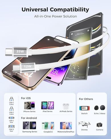 SuperOne 3 في 1 شاحن جدار قابل للسحب مع كابلات USB C المزدوجة ، PD 35W شحن سريع شحن جدار الشاحن القابل للاسترخ in Saudi Arabia
