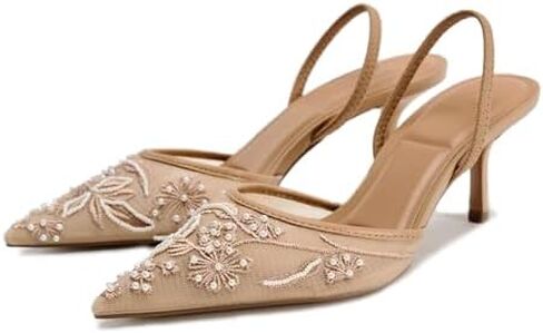 Lymphvity Women's Mesh Embroidered Slingback Heels with Bead Elegant Backless Kitten Heels Pointed Toe Wedding Bridal Dress Pumps Shoes in Kuwait