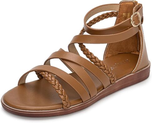 Yeojou Gladiator Sandals للنساء المصنوعة من الجلد الصنادل المسطحة المفتوحة حزامًا في الكاحل. in Kuwait