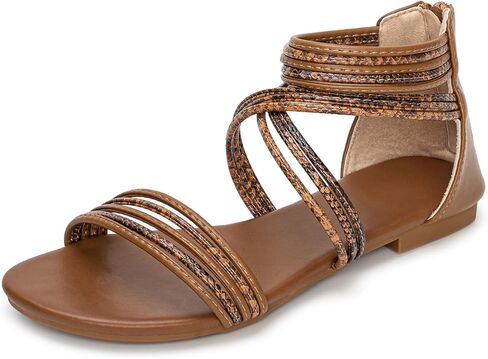 YEOJOU Gladiator Sandals for Women Strappy Leather Flat Sandals Open Toe Ankle Strap Back Zipper Comfortable Dressy Summer Shoes in Kuwait