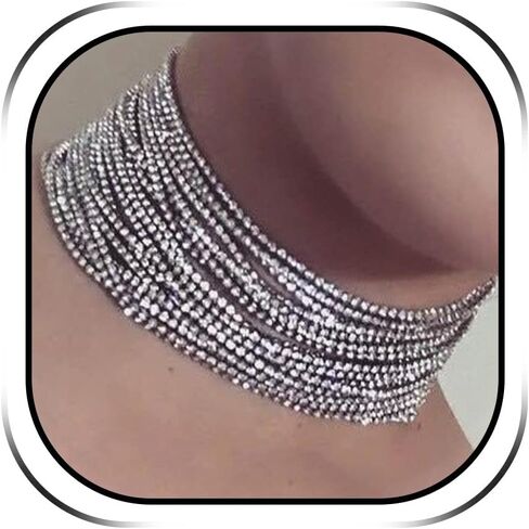 Long tiantian Rhinestone Necklace for Women Multi Layered Rhinestone Choker Necklace Sparkly Crystal Necklace Silver Wedding Prom Jewelry Accessories in Kuwait