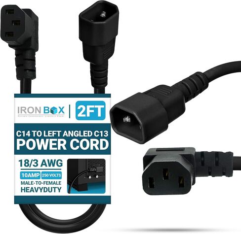 IronBox Electric - C14 to Left Angle C13 Power Cord - 90 Degree Computer Power Cord - Rated for 10A/250V - 18/3 AWG - IEC 60320 - Cable for Servers, Monitors, Computers, Networking Equipment (2 Feet) in Saudi Arabia