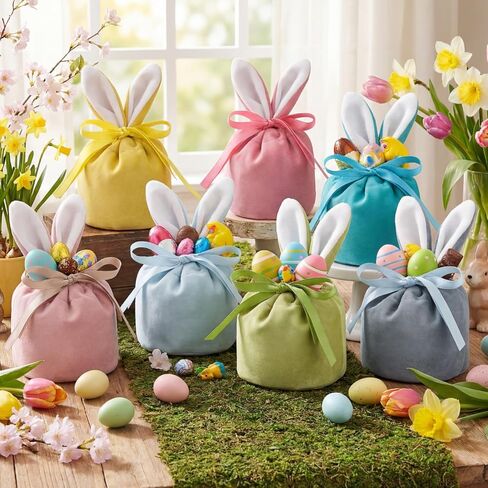 Funtery Easter Bunny Gift Bags Rabbit Ear Velvet Bags with Drawstrings 4.7 x 3.7 Inch Bunny Gift Pouches Bunny Party Favors for Baby Kid Basket Party Supplies Candy Treat Jewelry, 6 Color(12 Pcs) in Kuwait