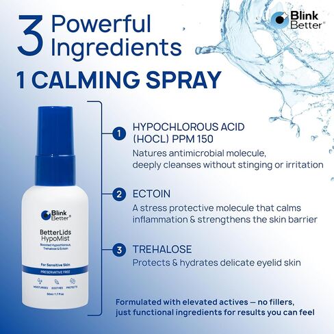 BetterLids Boosted Hypochlorous Acid Eyelid Spray – Gentle Non-Sting Eyelid Cleanser Mist with Ectoin & Trehalose for Blepharitis, Dry and Itchy Lids – Daily Lid Hygiene Eye Spray, 50 ml in Kuwait