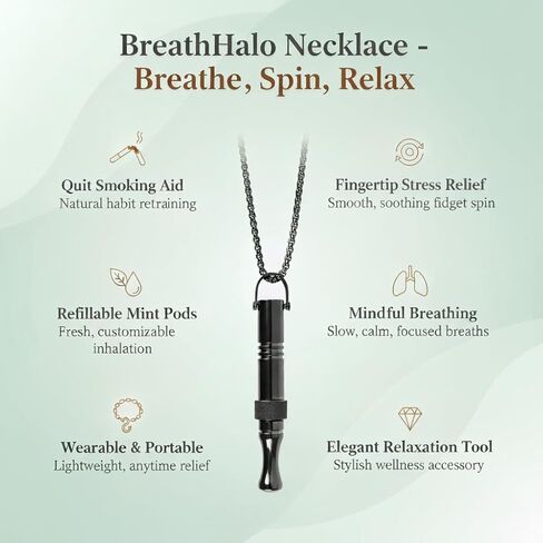 Quit Smoking Necklace with Fidget Ring & Mint Pods – BreathHalo Stop Smoking Aid Device for Stress, Anxiety & Mindful Breathing, Wearable Breathing Necklace for Fidget Relief & Smoking Cessation in Kuwait