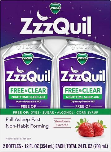 ZzzQuil Liquid Sleep Aid, Diphenhydramine 50mg HCI, Free & Clear, Free of Alcohol and Artificial Dyes, Nighttime Sleep Aid Liquid, Non-Habit Forming, Strawberry Flavored, 2 Pack, 24 FL OZ in Kuwait