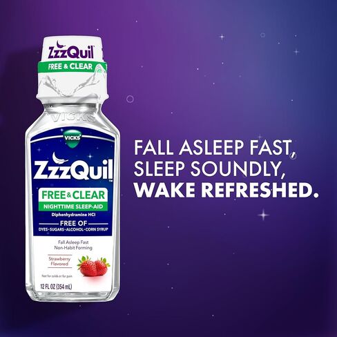 ZzzQuil Liquid Sleep Aid, Diphenhydramine 50mg HCI, Free & Clear, Free of Alcohol and Artificial Dyes, Nighttime Sleep Aid Liquid, Non-Habit Forming, Strawberry Flavored, 2 Pack, 24 FL OZ in Kuwait