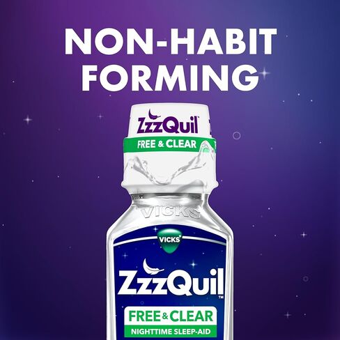 ZzzQuil Liquid Sleep Aid, Diphenhydramine 50mg HCI, Free & Clear, Free of Alcohol and Artificial Dyes, Nighttime Sleep Aid Liquid, Non-Habit Forming, Strawberry Flavored, 2 Pack, 24 FL OZ in Kuwait