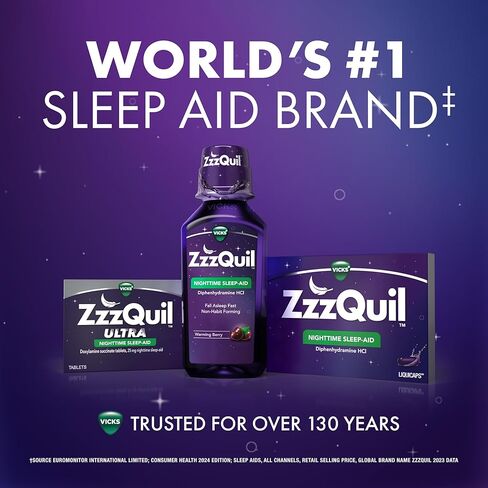 ZzzQuil Liquid Sleep Aid, Diphenhydramine 50mg HCI, Free & Clear, Free of Alcohol and Artificial Dyes, Nighttime Sleep Aid Liquid, Non-Habit Forming, Strawberry Flavored, 2 Pack, 24 FL OZ in Kuwait