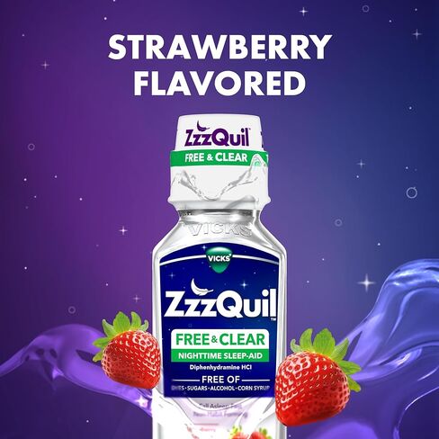 ZzzQuil Liquid Sleep Aid, Diphenhydramine 50mg HCI, Free & Clear, Free of Alcohol and Artificial Dyes, Nighttime Sleep Aid Liquid, Non-Habit Forming, Strawberry Flavored, 2 Pack, 24 FL OZ in Kuwait