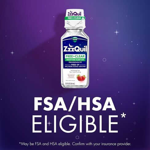 ZzzQuil Liquid Sleep Aid, Diphenhydramine 50mg HCI, Free & Clear, Free of Alcohol and Artificial Dyes, Nighttime Sleep Aid Liquid, Non-Habit Forming, Strawberry Flavored, 2 Pack, 24 FL OZ in Kuwait