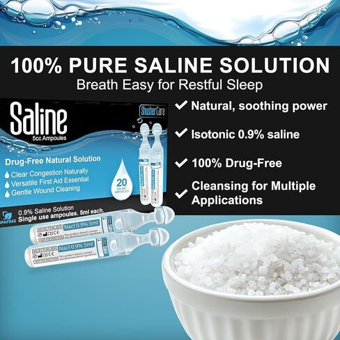 Saline Ampoules - Saline Solution, Sodium Chloride 0.9%, Nasal Cleanse for Babies, Kids, & Adults, Sterile Nasal Care, Wound Cleansing - 20 Count (5ml Each) in Kuwait