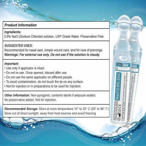 Saline Ampoules - Saline Solution, Sodium Chloride 0.9%, Nasal Cleanse for Babies, Kids, & Adults, Sterile Nasal Care, Wound Cleansing - 20 Count (5ml Each) in Kuwait