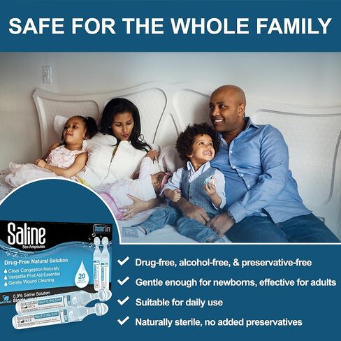 Saline Ampoules - Saline Solution, Sodium Chloride 0.9%, Nasal Cleanse for Babies, Kids, & Adults, Sterile Nasal Care, Wound Cleansing - 20 Count (5ml Each) in Kuwait