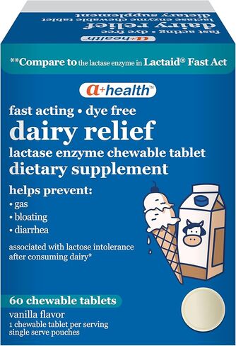 A+Health Dairy Relief Lactase Enzyme 9000 FCC Chewable Tablets, 60 Count, Fast Acting, Dye-Free, Dietary Supplement, Vanilla Flavor, Single Serve Pouches, for Adults and Children 4 Years and Up in Kuwait