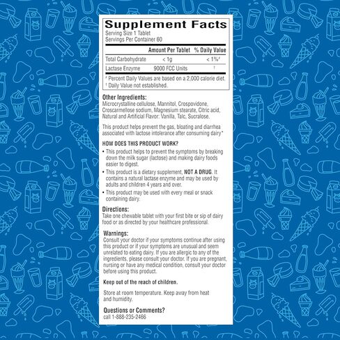 A+Health Dairy Relief Lactase Enzyme 9000 FCC Chewable Tablets, 60 Count, Fast Acting, Dye-Free, Dietary Supplement, Vanilla Flavor, Single Serve Pouches, for Adults and Children 4 Years and Up in Saudi Arabia