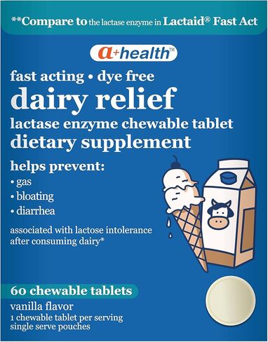 A+Health Dairy Relief Lactase Enzyme 9000 FCC Chewable Tablets, 60 Count, Fast Acting, Dye-Free, Dietary Supplement, Vanilla Flavor, Single Serve Pouches, for Adults and Children 4 Years and Up in Saudi Arabia