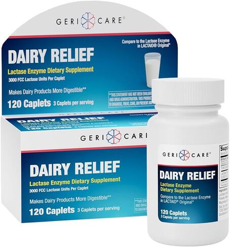 GeriCare Lactase Enzyme Dairy Relief Caplets – 3000 FCC Units, Digestive Enzyme Supplement for Dairy Products, for Better Lactose Digestion, Helps Prevent Gas, Bloating & Stomach Discomfort, 120 Count in Saudi Arabia