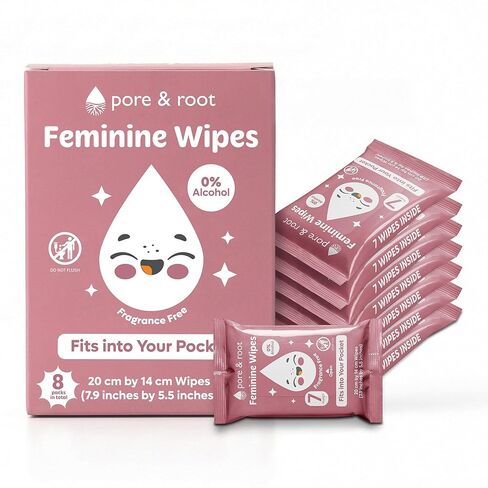 PORE & ROOT Feminine Wipes – Pocket Wipes for Sensitive Skin, Fragrance & Alcohol-Free, Travel-Friendly, Individually Wrapped, with Aloe & Lactic Acid, Gentle Daily Refresh – (16 Pack) in Saudi Arabia