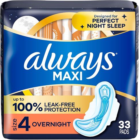 Always Maxi Overnight Pads with Wings for Women, Size 4, Overnight Absorbency, Unscented, 33 Count in Kuwait